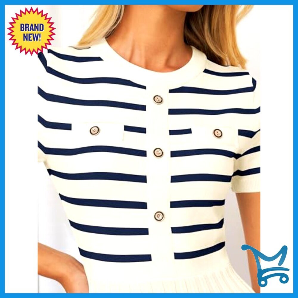 Casual Midi Dress Crewneck Short Sleeve Button Ribbed Knit Swing Pleated A-Line - Picture 5 of 7